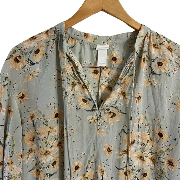 H&M Dress Size 2 Floral Sage Green Yellow Oversized Fit Long Balloon Sleeve Thin - Picture 3 of 7